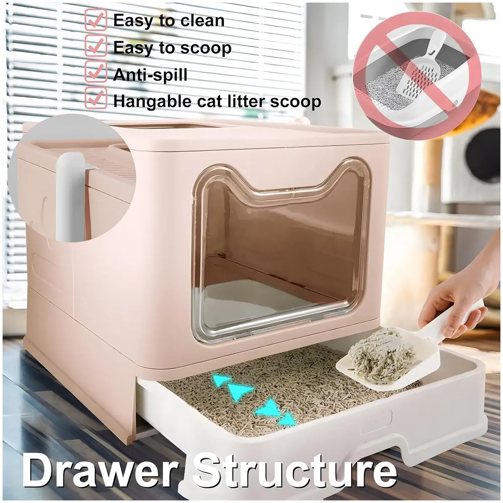 Oversized Cat Litter Box, Foldable Extra Large Front Entry Top Exit Litter Box with Lid, Drawer Kitty Litter Box with Litter Scoop Cat Toilet Easy Cleaning -51 x 41 x 38 Cm Pink - XL Size - 6