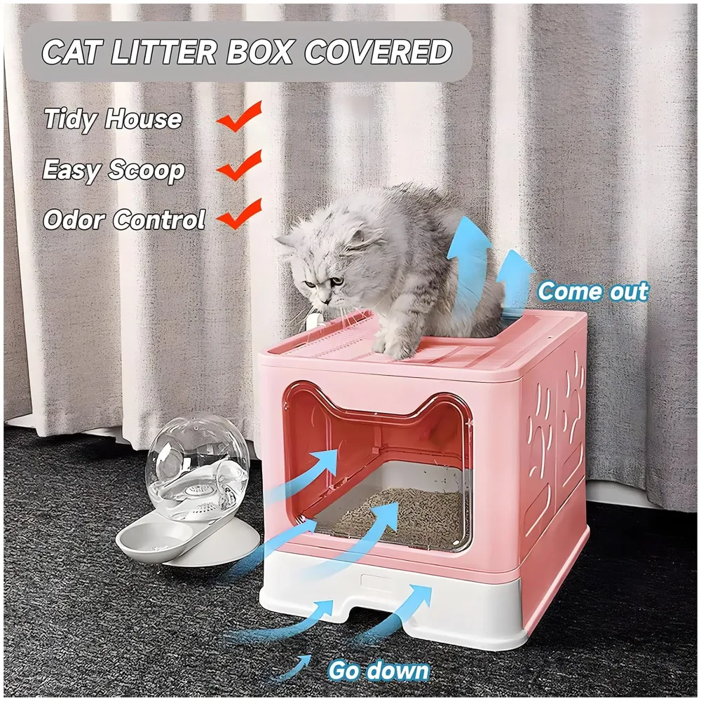 Oversized Cat Litter Box, Foldable Extra Large Front Entry Top Exit Litter Box with Lid, Drawer Kitty Litter Box with Litter Scoop Cat Toilet Easy Cleaning -51 x 41 x 38 Cm Pink - XL Size - 7