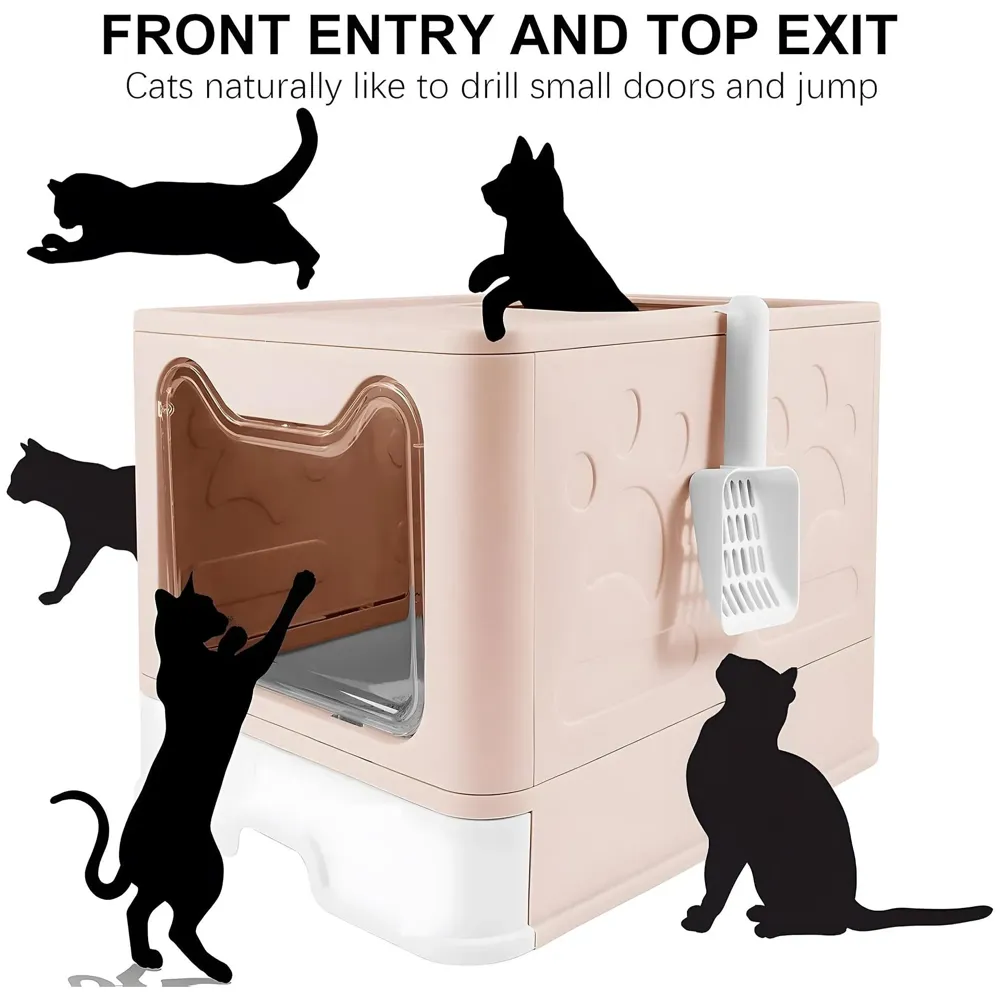 Oversized Cat Litter Box, Foldable Extra Large Front Entry Top Exit Litter Box with Lid, Drawer Kitty Litter Box with Litter Scoop Cat Toilet Easy Cleaning -51 x 41 x 38 Cm Pink - XL Size - 8