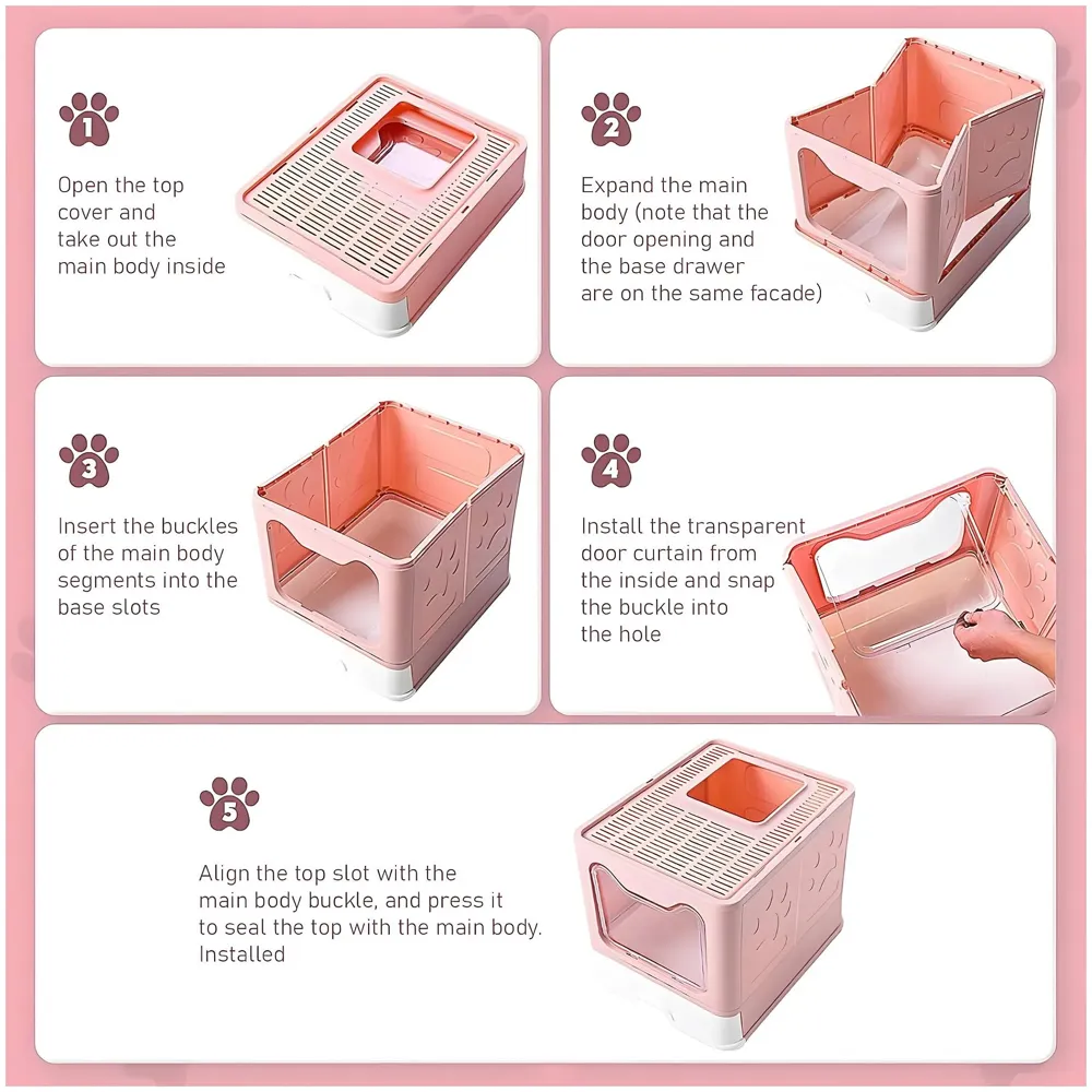 Oversized Cat Litter Box, Foldable Extra Large Front Entry Top Exit Litter Box with Lid, Drawer Kitty Litter Box with Litter Scoop Cat Toilet Easy Cleaning -51 x 41 x 38 Cm Pink - XL Size - 9