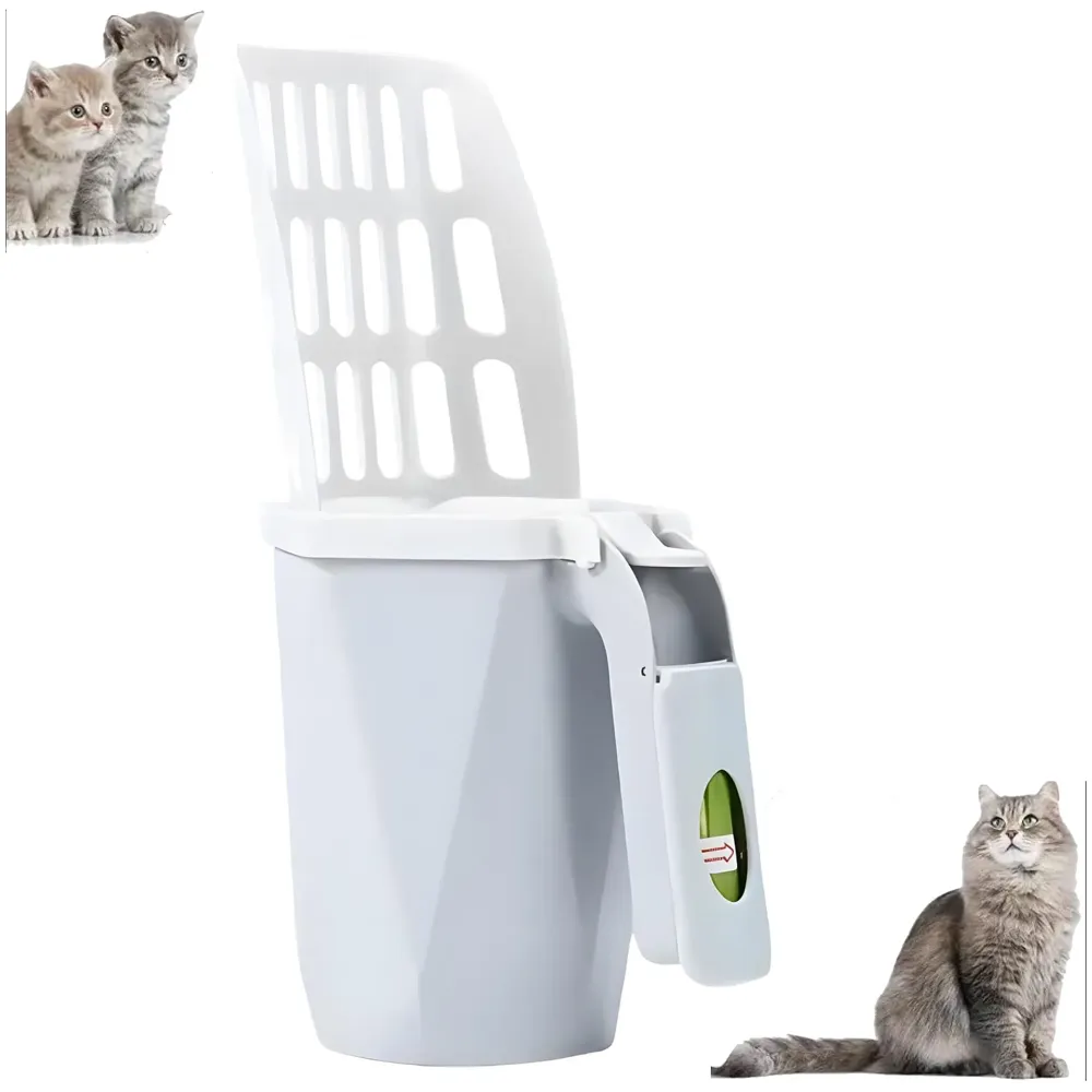 Cat Litter Scooper with Holder: 2 in 1 Portable Kitty Integrated Detachable Deep Cat Litter Shovel with Waste Container with Poop Sifting Cat Litter Grey 31cm x 16 cm