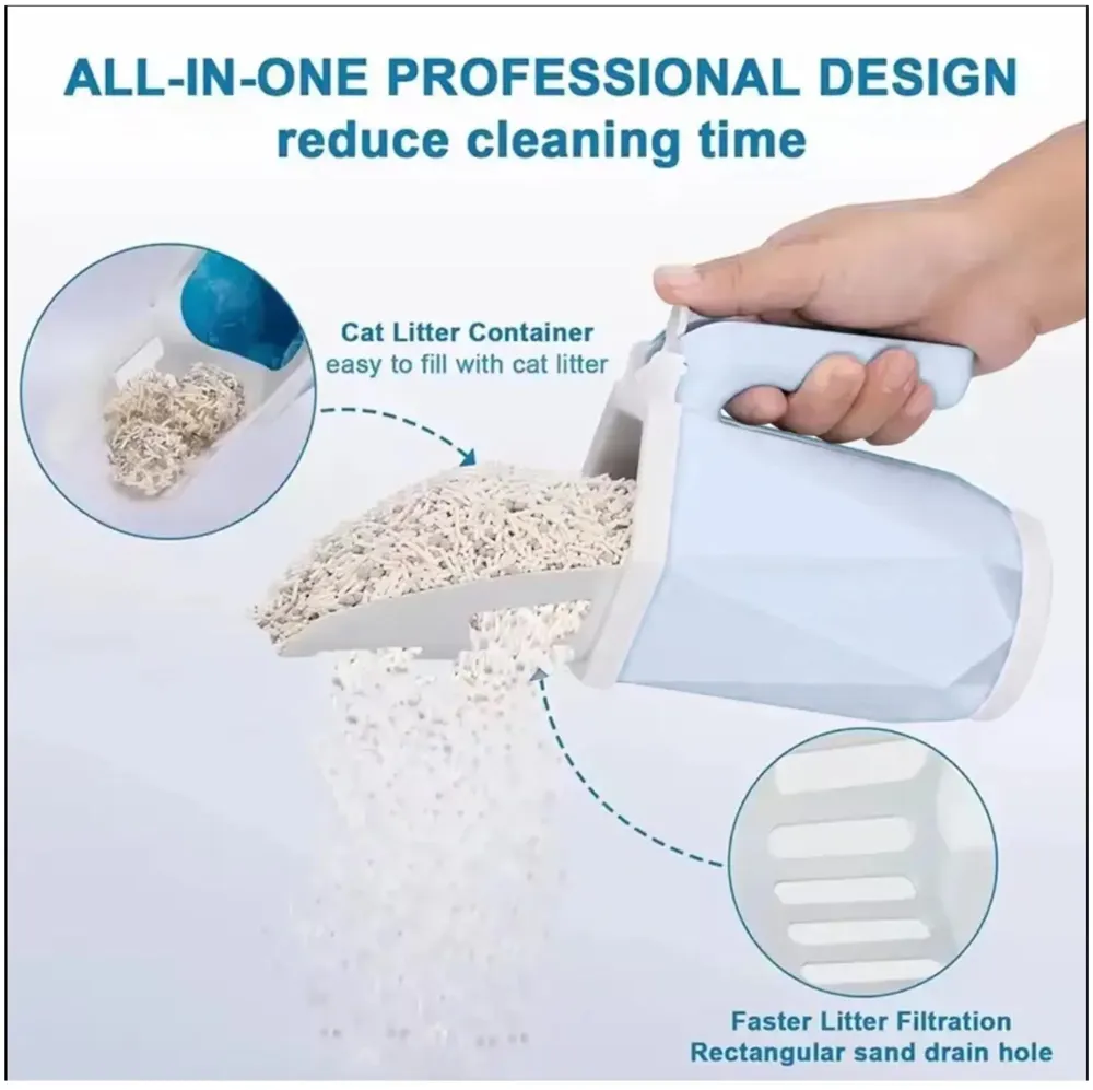 Cat Litter Scooper with Holder: 2 in 1 Portable Kitty Integrated Detachable Deep Cat Litter Shovel with Waste Container with Poop Sifting Cat Litter Grey 31cm x 16 cm - 5