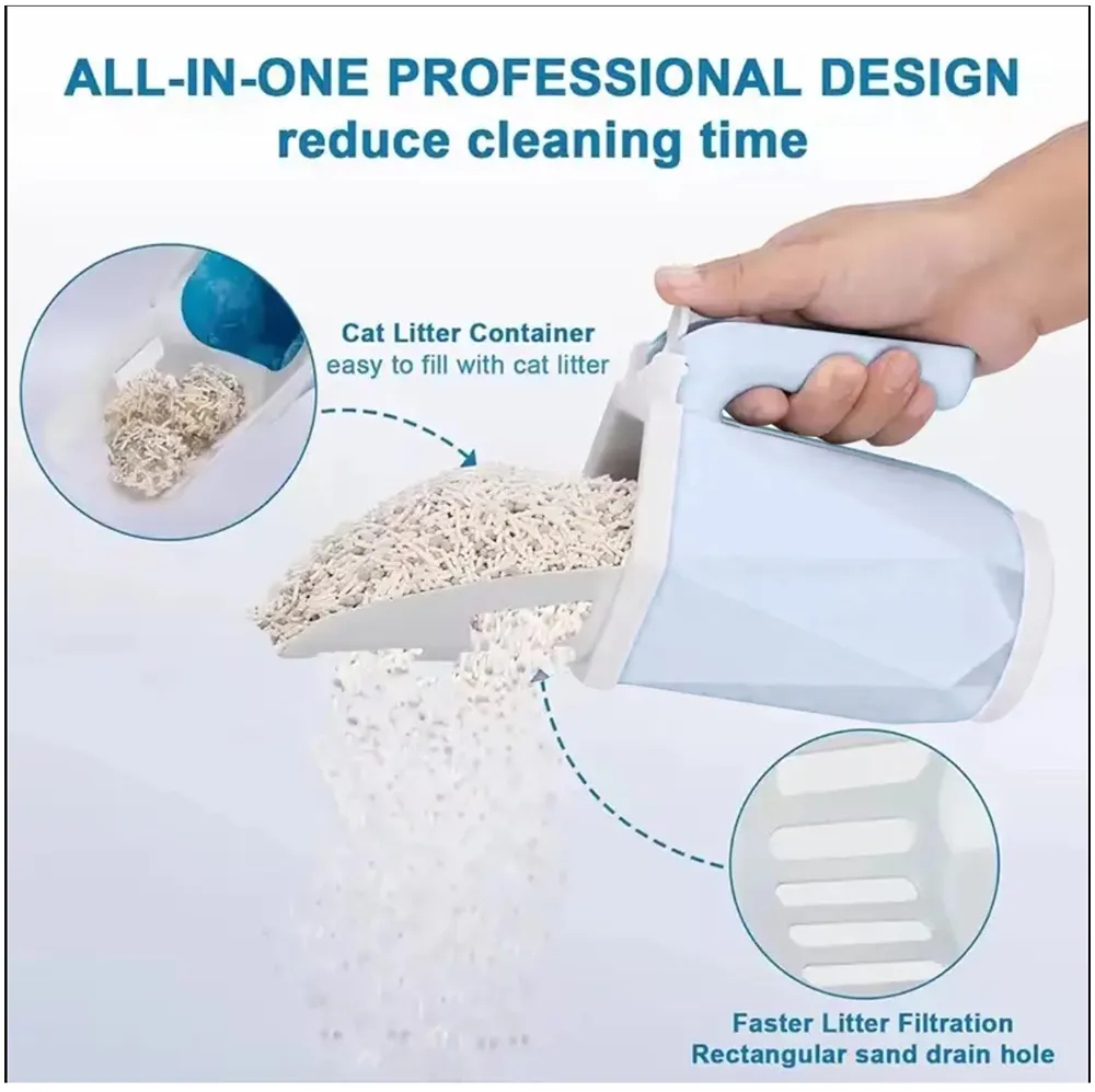 Cat Litter Scooper with Holder: 2 in 1 Portable Kitty Integrated Detachable Deep Cat Litter Shovel with Waste Container with Poop Sifting Cat Litter Grey 31cm x 16 cm
