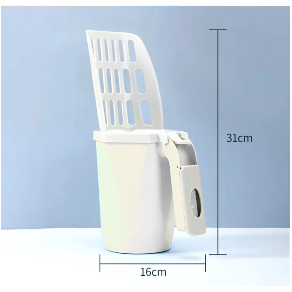 Cat Litter Scooper with Holder: 2 in 1 Portable Kitty Integrated Detachable Deep Cat Litter Shovel with Waste Container with Poop Sifting Cat Litter Grey 31cm x 16 cm