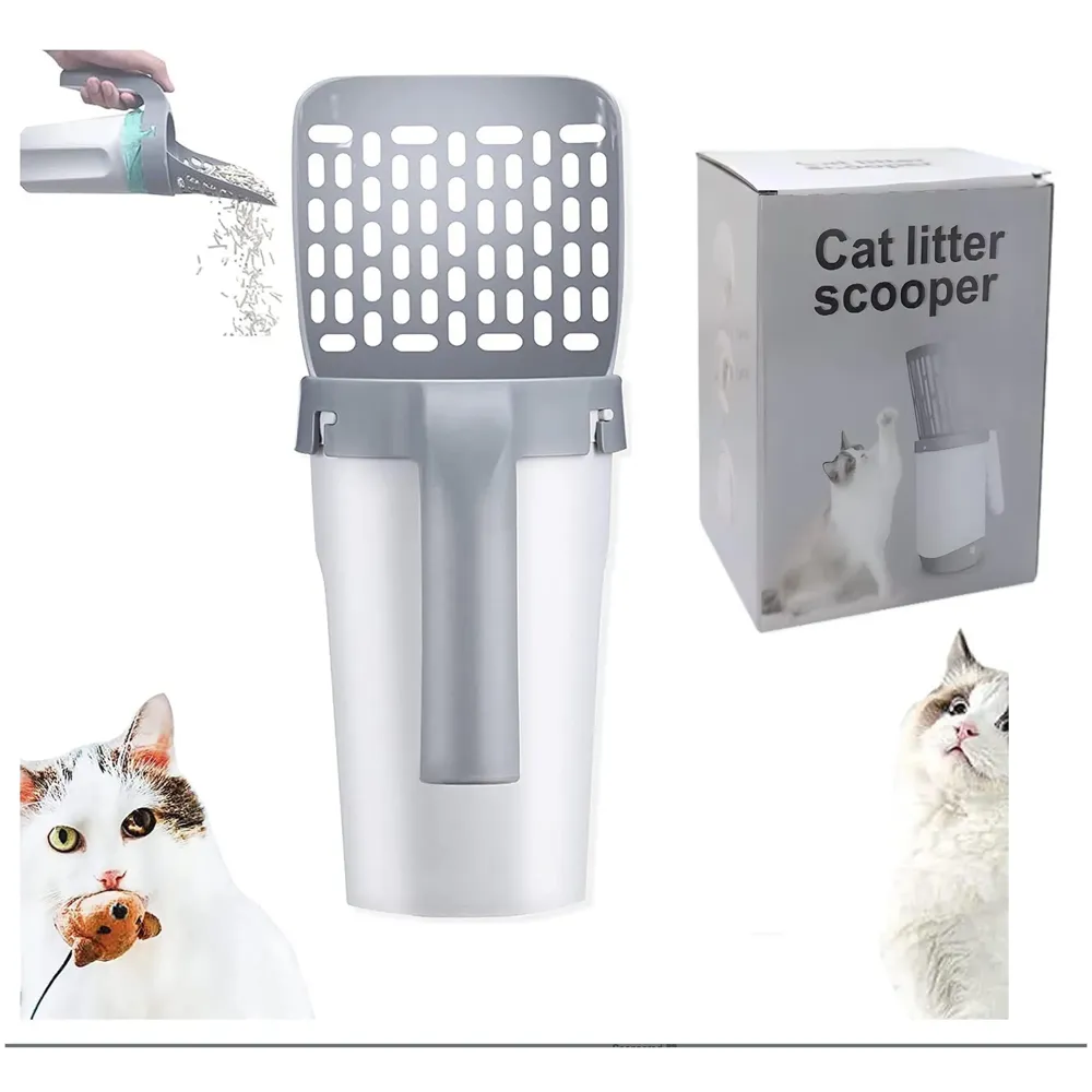 Cat Litter Scooper with Holder: 2 in 1 Portable Kitty Integrated Detachable Deep Cat Litter Shovel with Waste Container with Poop Sifting Cat Litter Grey 11.8in x 3.5inch