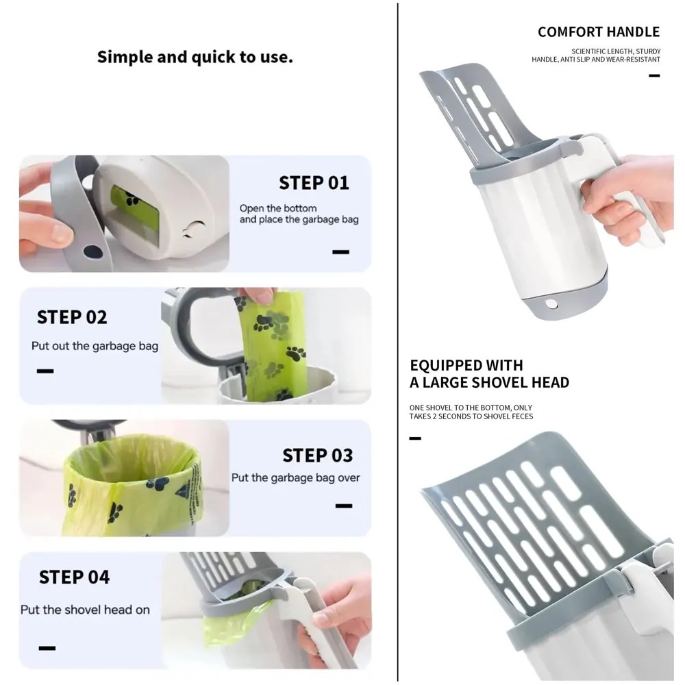 Cat Litter Scooper with Holder: 2 in 1 Portable Kitty Integrated Detachable Deep Cat Litter Shovel with Waste Container with Poop Sifting Cat Litter Grey 11.8in x 3.5inch