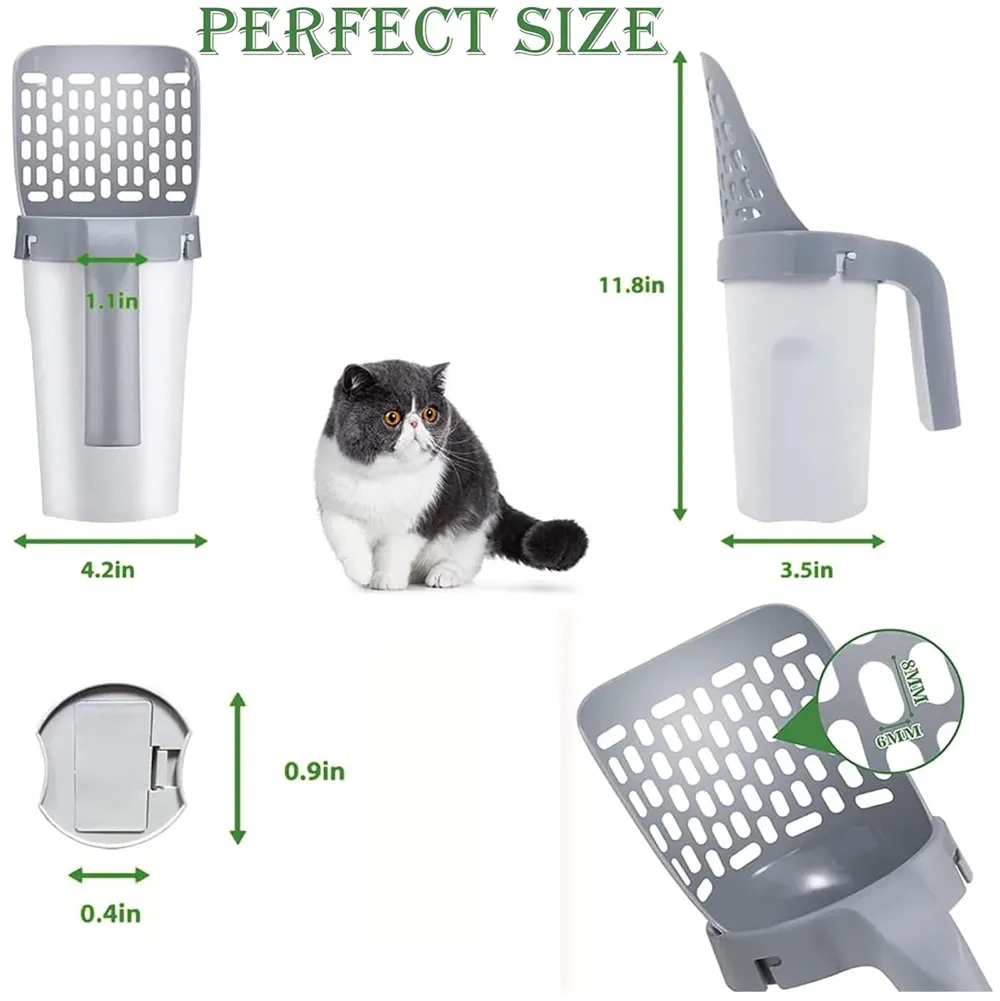 Cat Litter Scooper with Holder: 2 in 1 Portable Kitty Integrated Detachable Deep Cat Litter Shovel with Waste Container with Poop Sifting Cat Litter Grey 11.8in x 3.5inch
