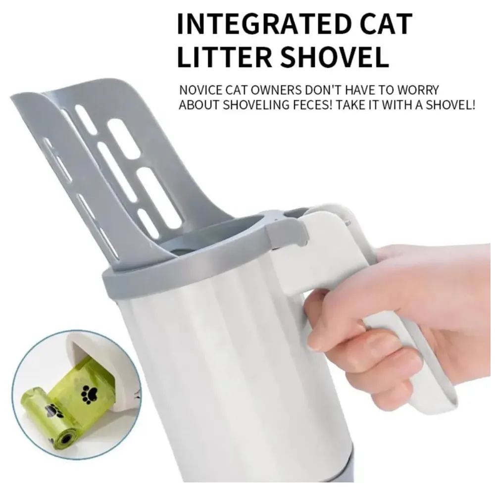 Cat Litter Scooper with Holder: 2 in 1 Portable Kitty Integrated Detachable Deep Cat Litter Shovel with Waste Container with Poop Sifting Cat Litter Grey 11.8in x 3.5inch