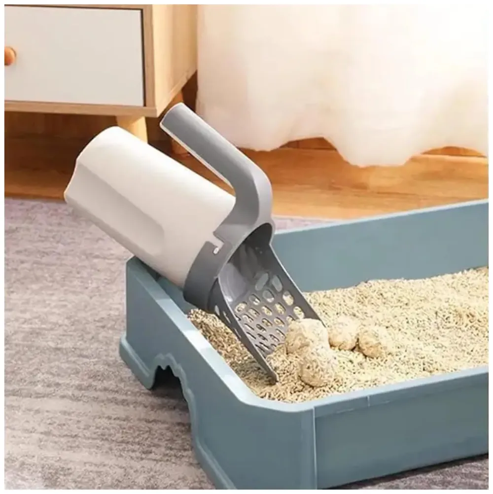 Cat Litter Scooper with Holder: 2 in 1 Portable Kitty Integrated Detachable Deep Cat Litter Shovel with Waste Container with Poop Sifting Cat Litter Grey 11.8in x 3.5inch