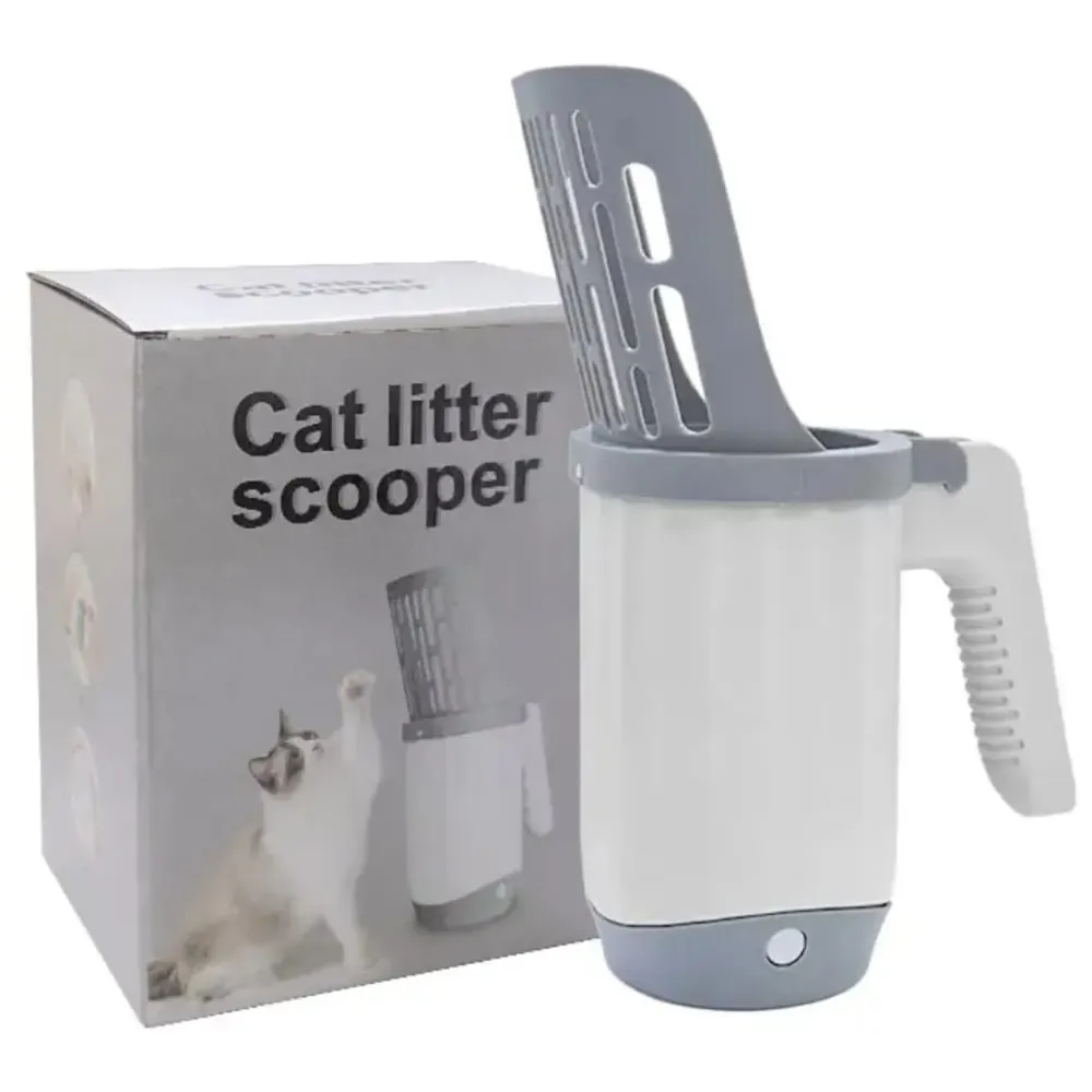 Cat Litter Scooper with Holder: 2 in 1 Portable Kitty Integrated Detachable Deep Cat Litter Shovel with Waste Container with Poop Sifting Cat Litter Grey 11.8in x 3.5inch