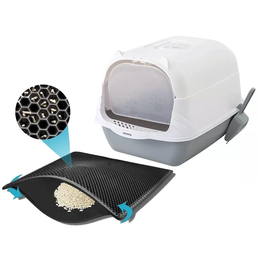 Combo Cat Litter Box and Cat Litter Mat Combo Tray with Dome and Scoop with Foul Smell Absorber