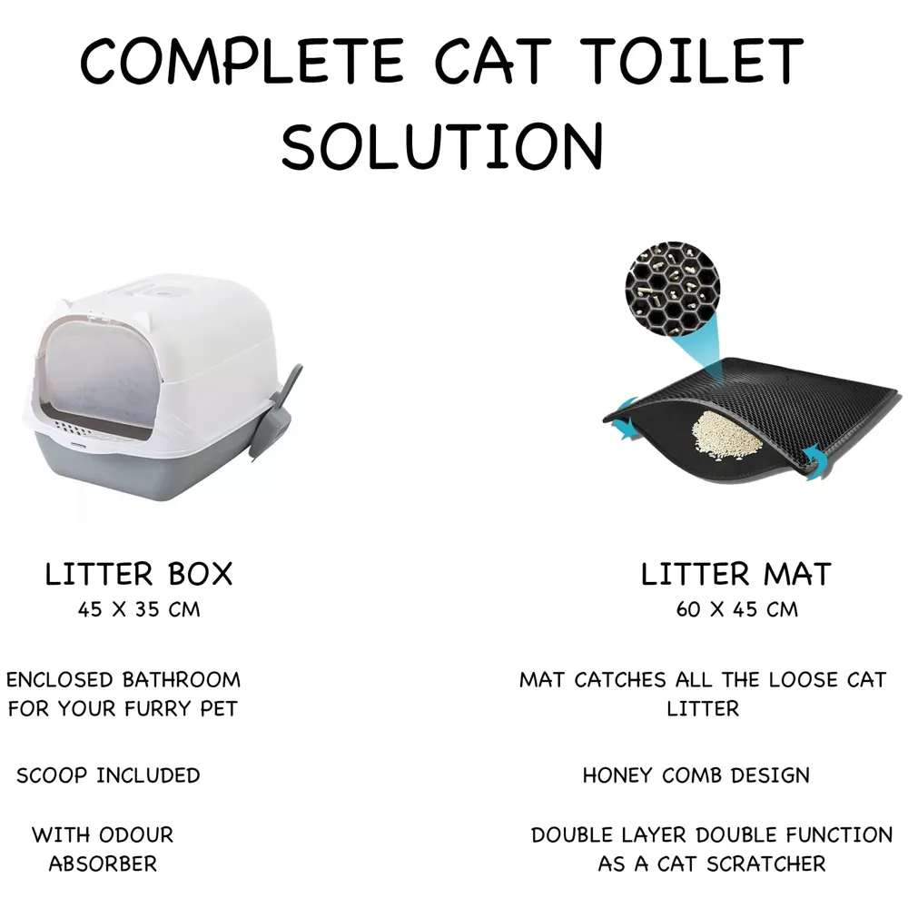 Combo Cat Litter Box and Cat Litter Mat Combo Tray with Dome and Scoop with Foul Smell Absorber