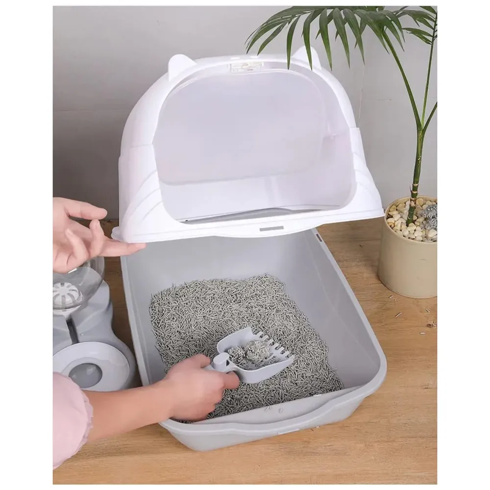 Combo Cat Litter Box and Cat Litter Mat Combo Tray with Dome and Scoop with Foul Smell Absorber