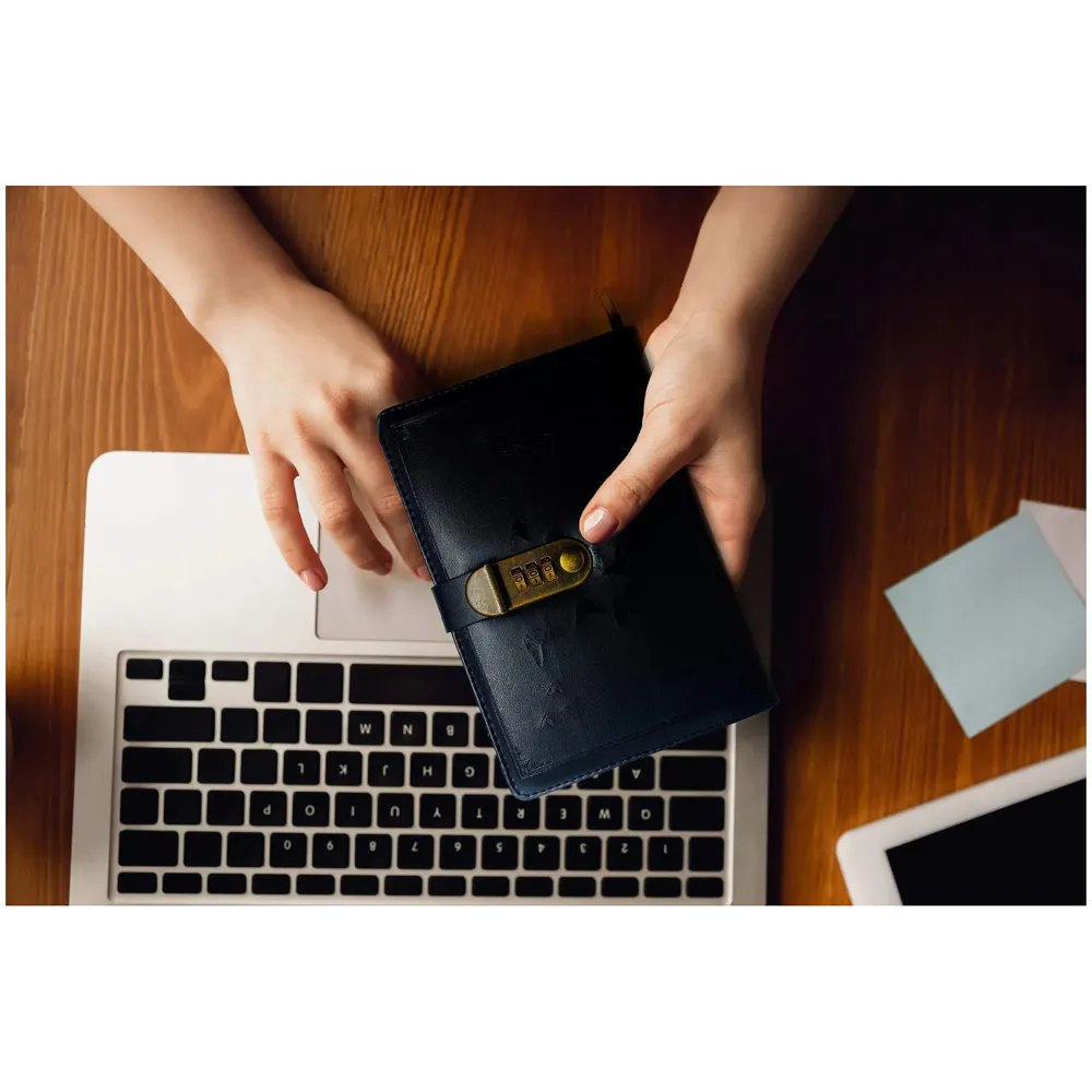 Novelty Diary Notebook with Number Combination Lock & PU Leather Cover (22x15 cm, 230 Pages) (Black)
