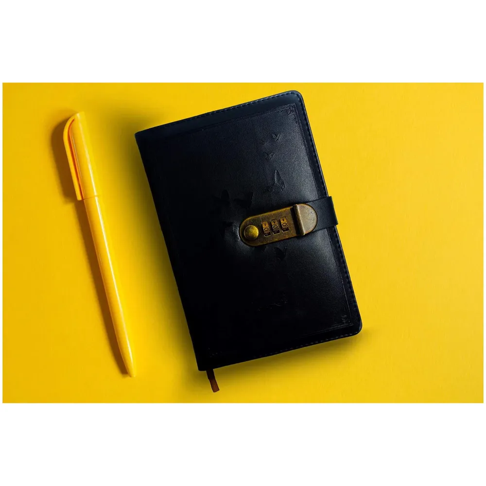 Novelty Diary Notebook with Number Combination Lock & PU Leather Cover (22x15 cm, 230 Pages) (Black)