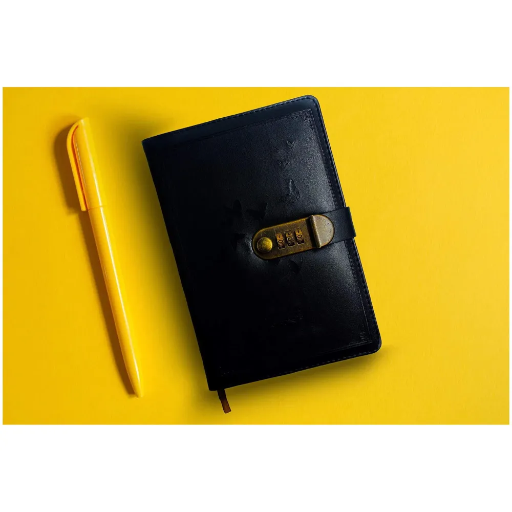 Novelty Diary Notebook with Number Combination Lock & PU Leather Cover (22x15 cm, 230 Pages) (Black)