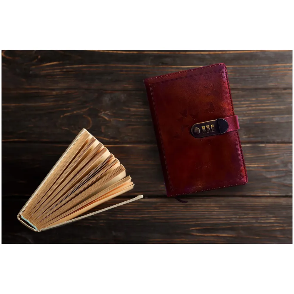 Lock Diary Notebook with Number Lock Combination PU Leather Cover (22x15 cm, 230 Pages) (Brown)