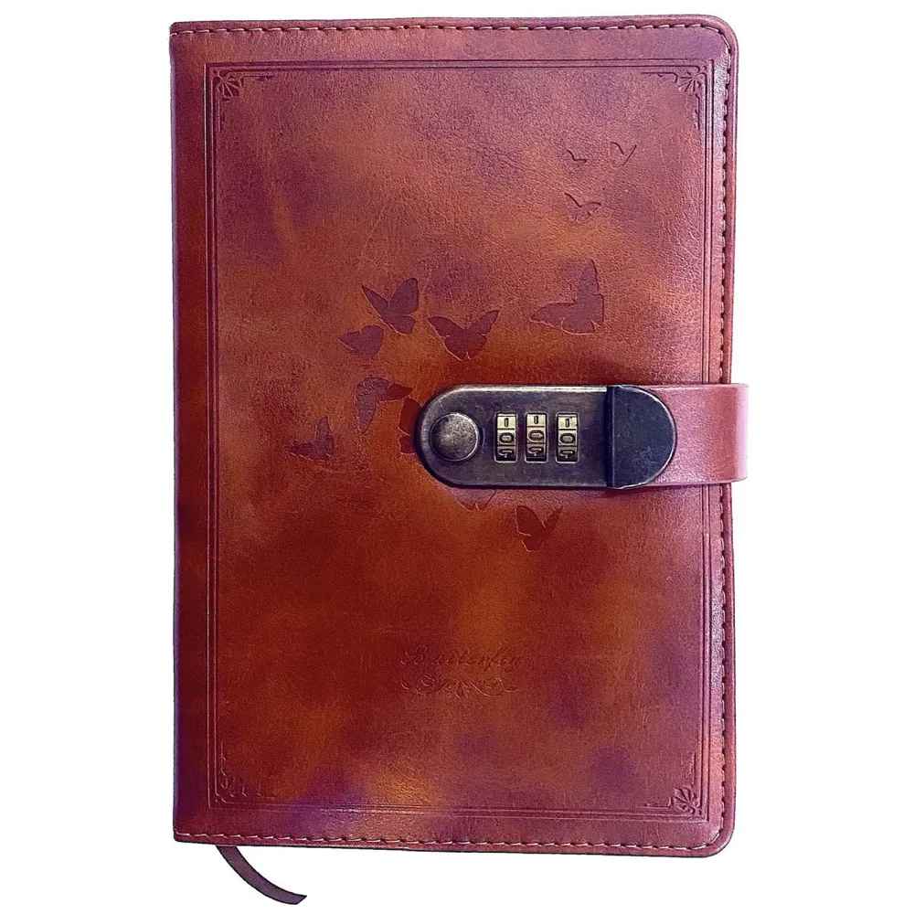 Lock Diary Notebook with Number Lock Combination PU Leather Cover (22x15 cm, 230 Pages) (Brown)