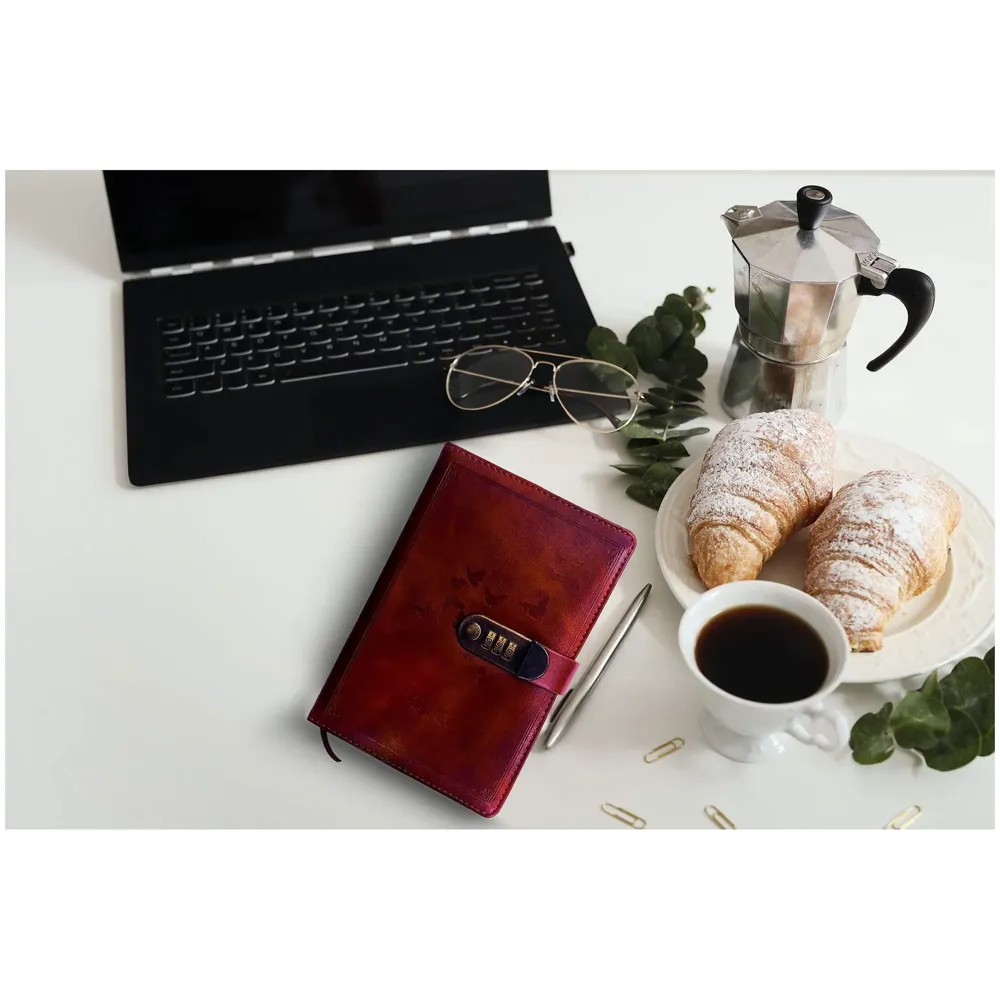 Lock Diary Notebook with Number Lock Combination PU Leather Cover (22x15 cm, 230 Pages) (Brown)