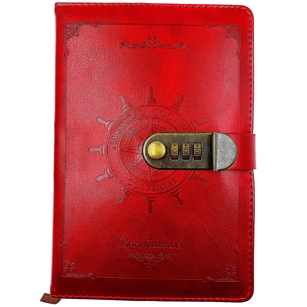 Novelty Diary Notebook with Number Combination Lock & PU Leather Cover Secret Lock Diary (22x15 cm, 230 Pages) (Red)