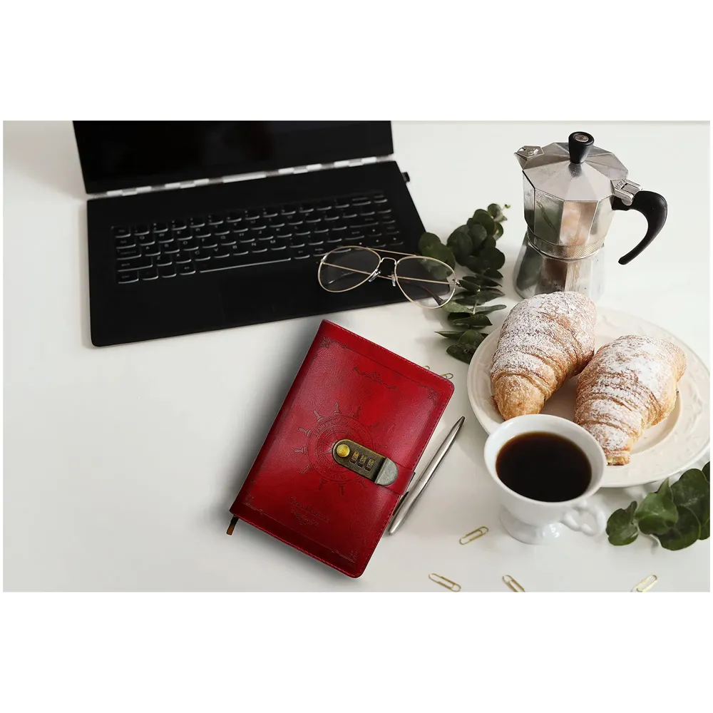 Novelty Diary Notebook with Number Combination Lock & PU Leather Cover Secret Lock Diary (22x15 cm, 230 Pages) (Red)