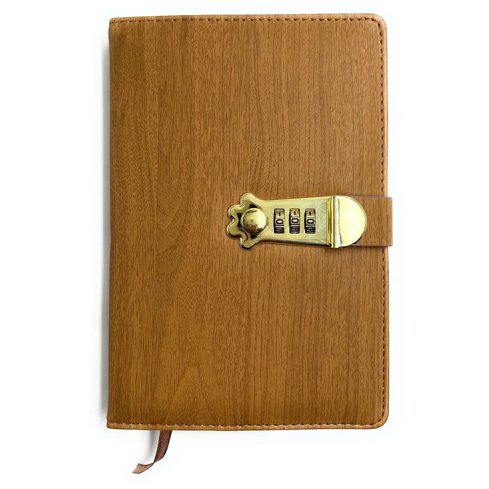 Lock Diary Notebook with Number Lock Combination PU Leather Wood Design Cover 22x15 cm, 230 Pages