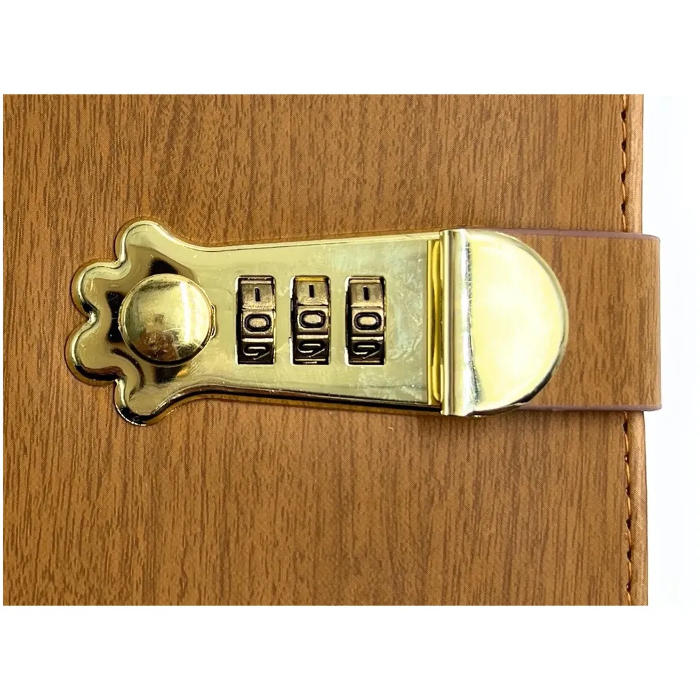 Lock Diary Notebook with Number Lock Combination PU Leather Wood Design Cover 22x15 cm, 230 Pages