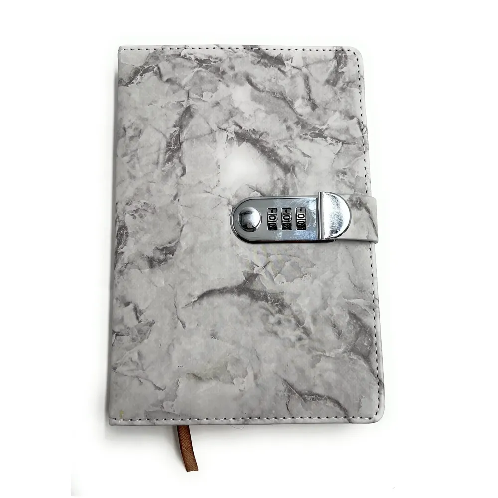 Lock Diary Notebook with Number Lock Combination PU Leather Grey Marble Design Cover 22x15 cm, 230 Pages