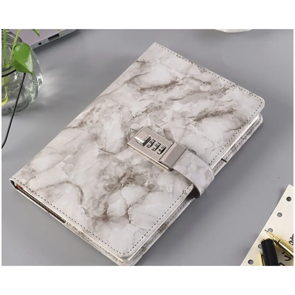 Lock Diary Notebook with Number Lock Combination PU Leather Grey Marble Design Cover 22x15 cm, 230 Pages