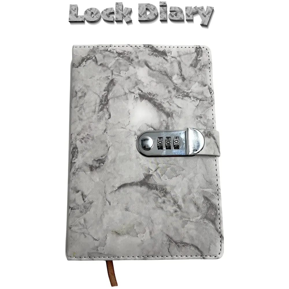 Lock Diary Notebook with Number Lock Combination PU Leather Grey Marble Design Cover 22x15 cm, 230 Pages