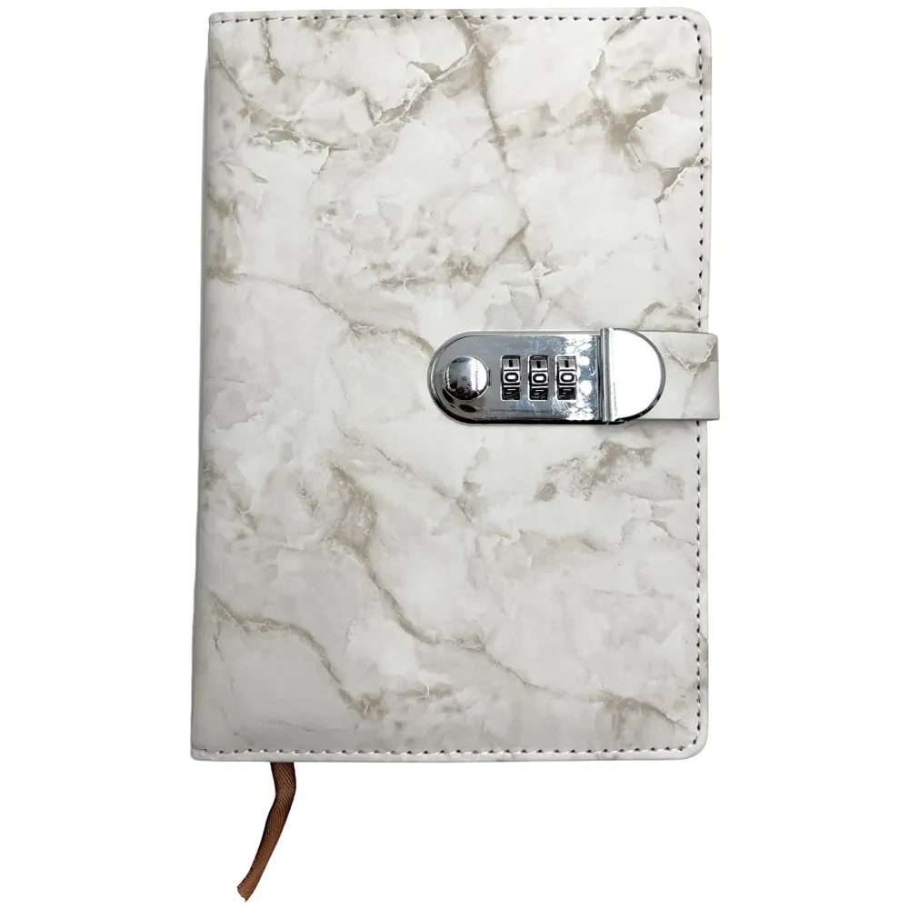 Lock Diary Notebook with Number Lock Combination PU Leather White Marble Design Cover 22x15 cm, 230 Pages