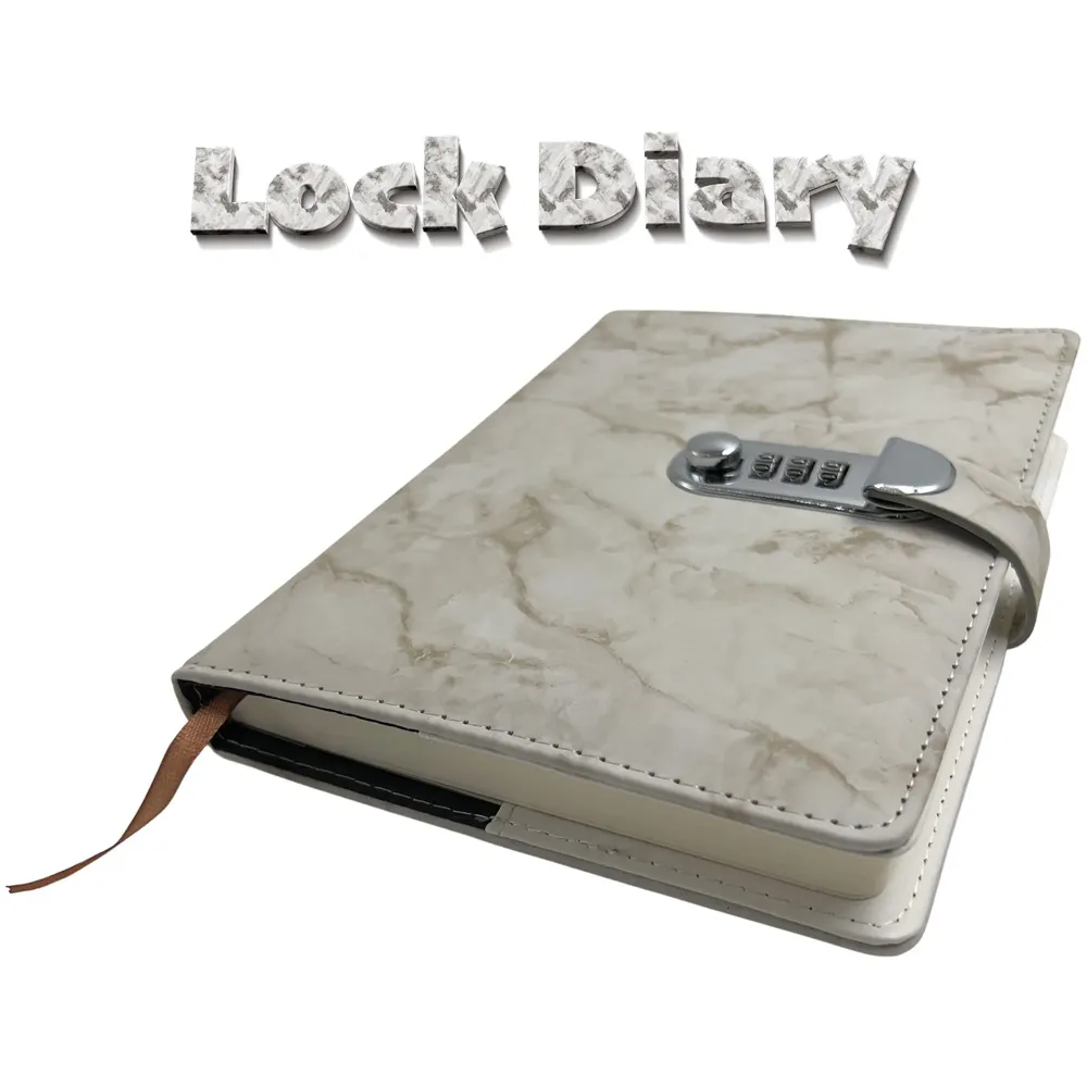 Lock Diary Notebook with Number Lock Combination PU Leather White Marble Design Cover 22x15 cm, 230 Pages