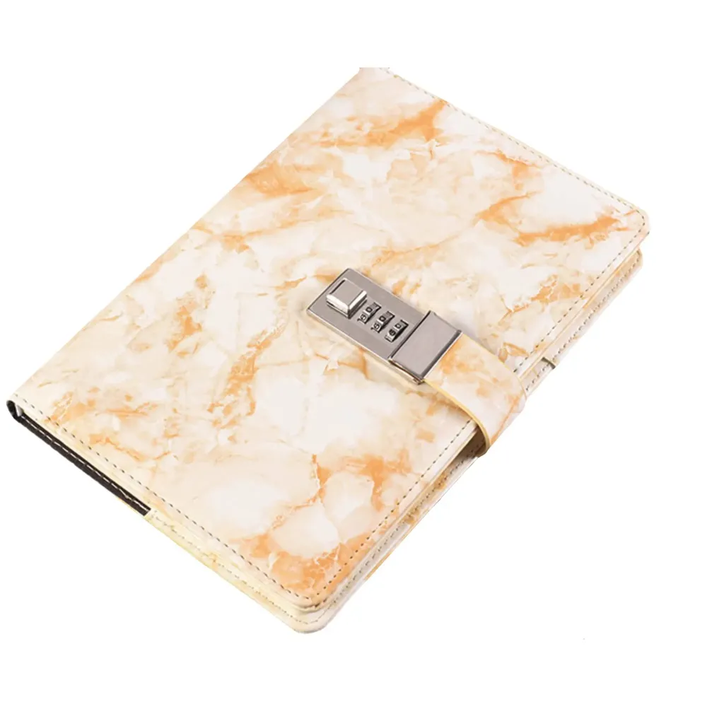 Lock Diary Notebook with Number Lock Combination PU Leather Marble Onyx Design Cover 22x15 cm, 230 Pages