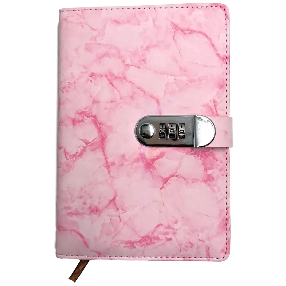 Lock Diary Notebook with Number Lock Combination PU Leather Pink Marble Design Cover 22x15 cm, 230 Pages