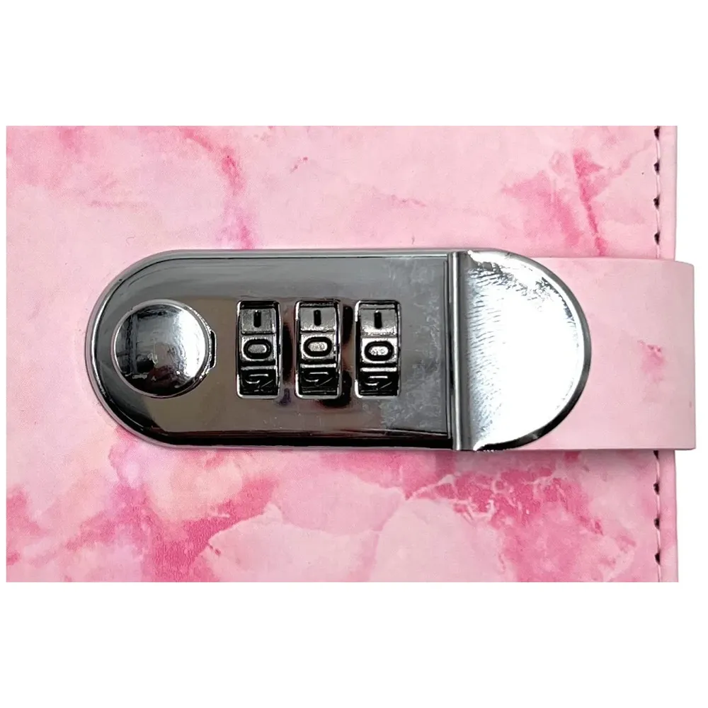 Lock Diary Notebook with Number Lock Combination PU Leather Pink Marble Design Cover 22x15 cm, 230 Pages