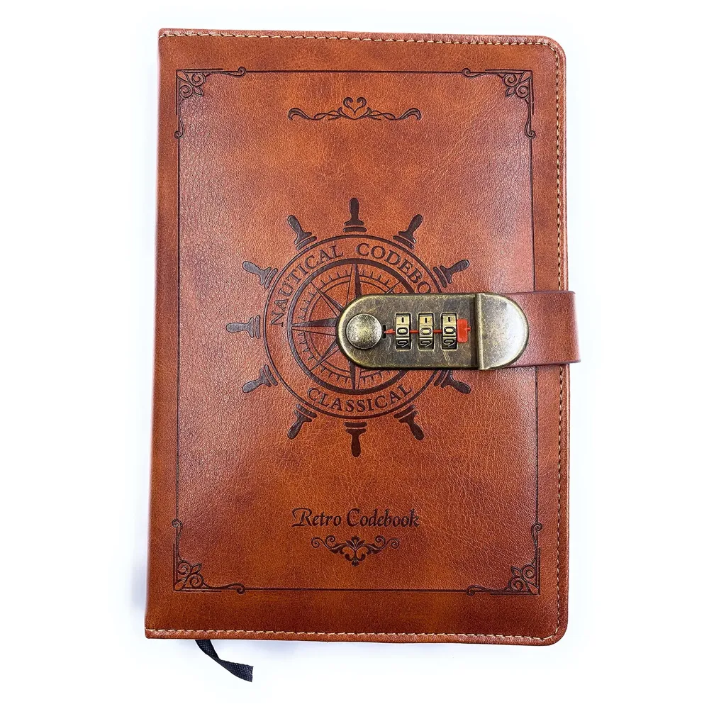 Lock Diary Notebook with Number Combination Lock & PU Leather Cover Secret Lock Diary (22x15 cm, 230 Pages) (Brown Sailing)
