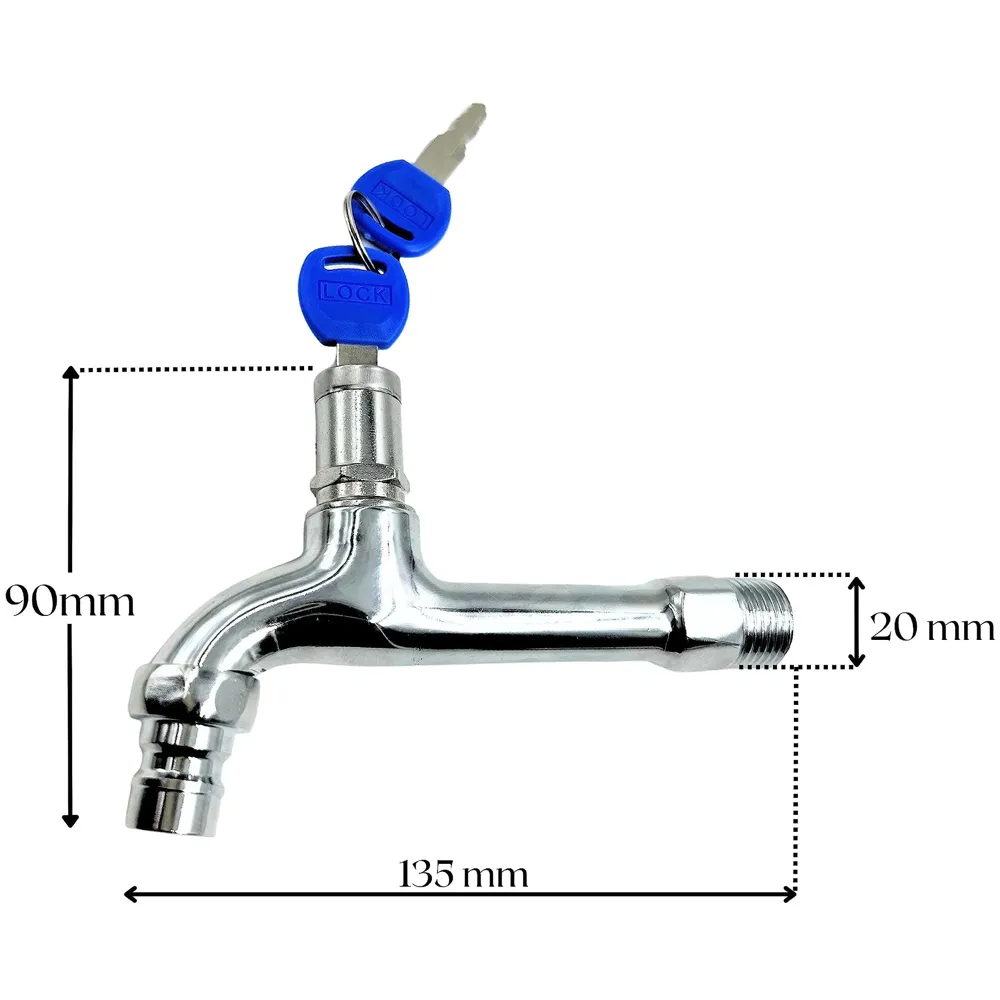 Long Body Tap With Lock and Key - 1/2" Thread Water Faucet, Lockable Outdoor Garden Tap, Home Brass Tool