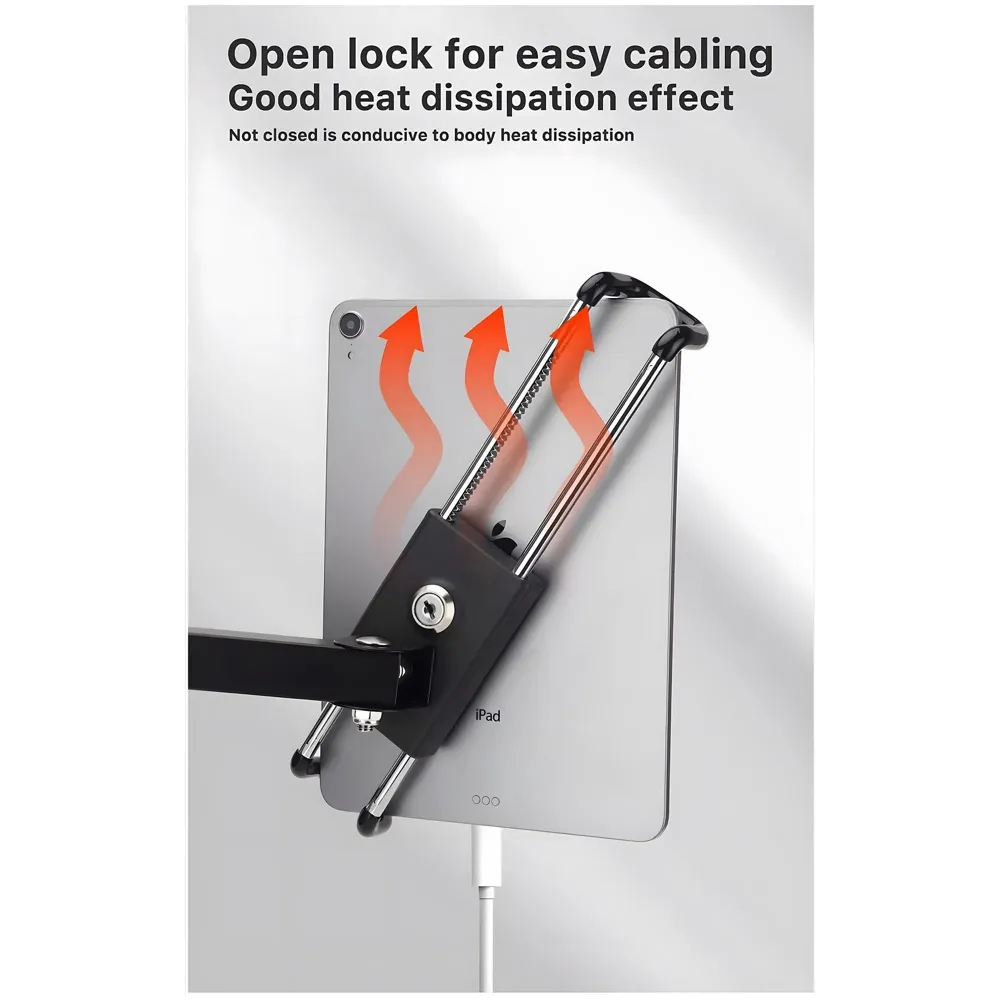 Tablet Holder Wall Mount Bracket with Lock and Key Locakable Aluminium Adjustable Clam for Upto 13 Inch Tablets Swivel for Commerical Shops Schools Gyms Cafes Anti-Theft