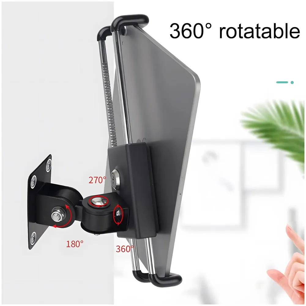 Tablet Holder Wall Mount Bracket with Lock and Key Locakable Aluminium Adjustable Clam for Upto 13 Inch Tablets Swivel for Commerical Shops Schools Gyms Cafes Anti-Theft