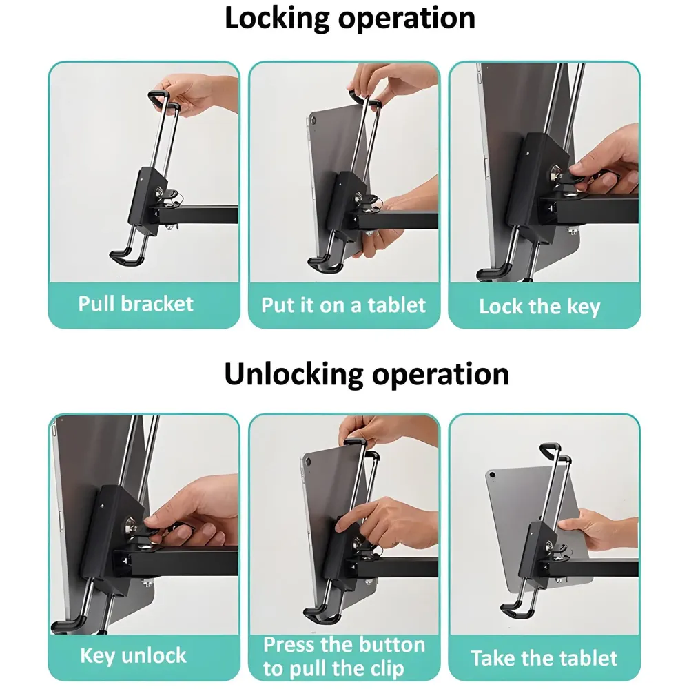 Tablet Holder Wall Mount Bracket with Lock and Key Locakable Aluminium Adjustable Clam for Upto 13 Inch Tablets Swivel for Commerical Shops Schools Gyms Cafes Anti-Theft