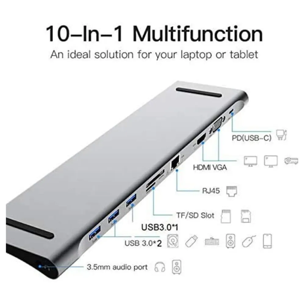 USB 3.1 Type C Hub for All MacBook with Type C and Touch Bar and Without Touch Bar, MacBook 12-Inch (10 in 1 Silver)