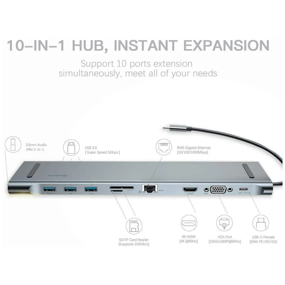 USB 3.1 Type C Hub for All MacBook with Type C and Touch Bar and Without Touch Bar, MacBook 12-Inch (10 in 1 Silver)