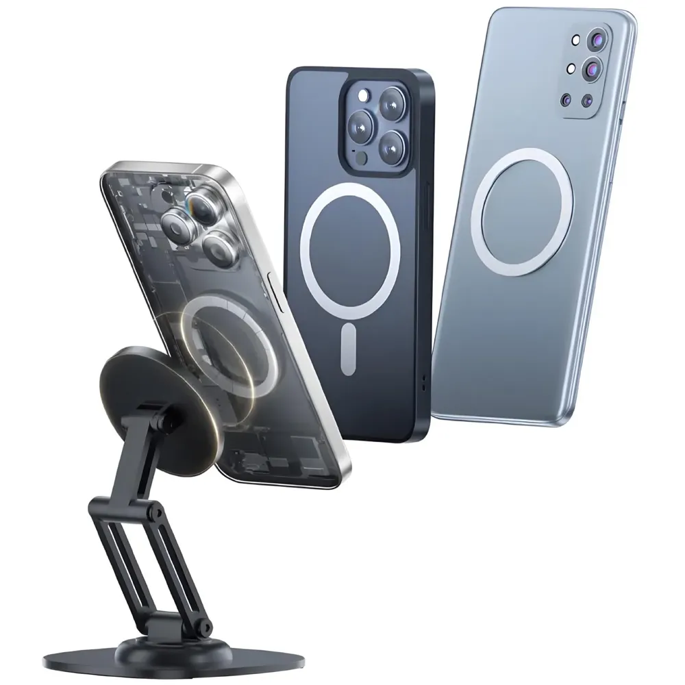 Magnetic Phone Stand Holder for Desk with Extra Magnet Rings, Sturdy and Stable, 360 Degree rotatable, Flexible 3 Angle Adjustments 10.8cm x 7.8cm x 9.6cm Metal Design, NOT A Charger
