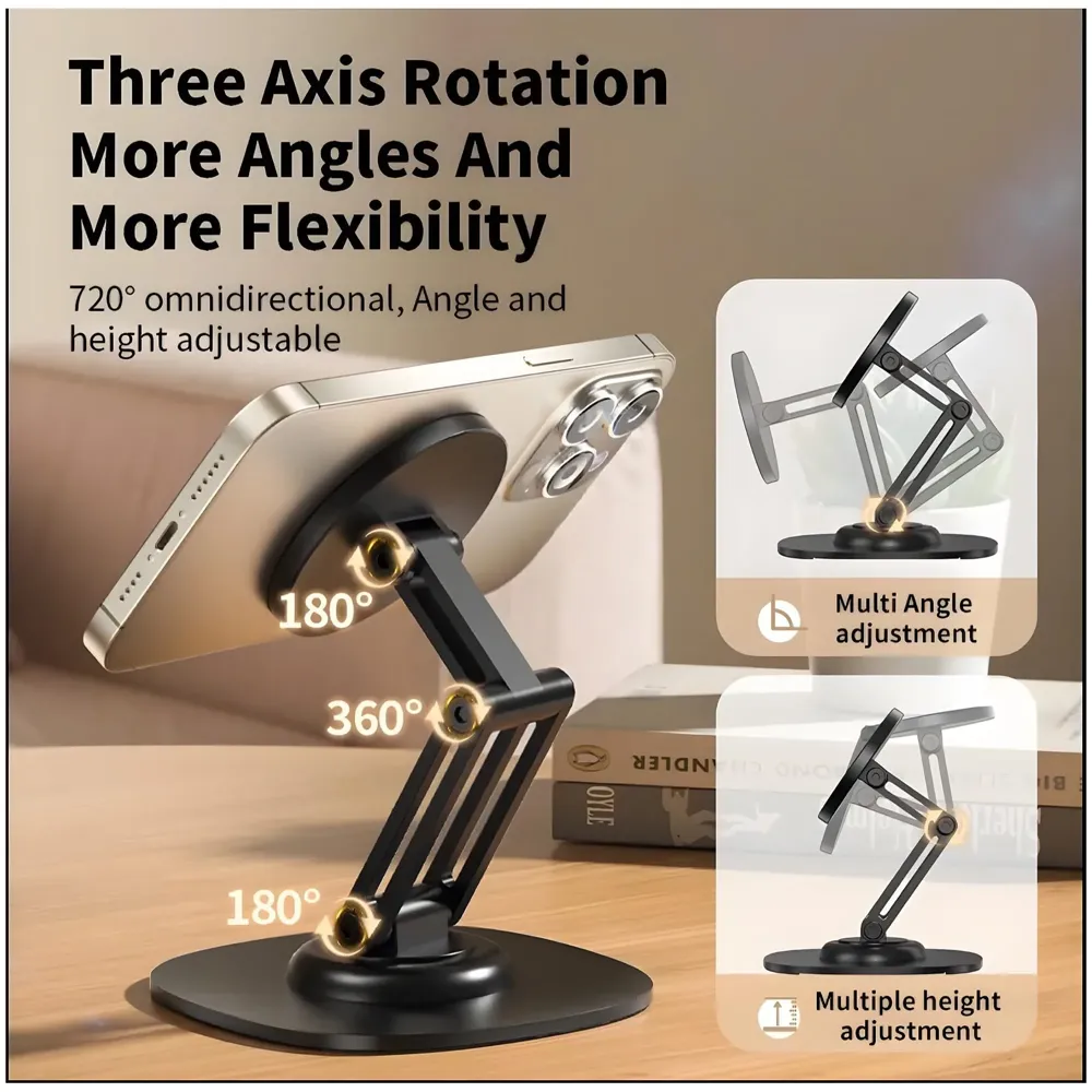 Magnetic Phone Stand Holder for Desk with Extra Magnet Rings, Sturdy and Stable, 360 Degree rotatable, Flexible 3 Angle Adjustments 10.8cm x 7.8cm x 9.6cm Metal Design, NOT A Charger