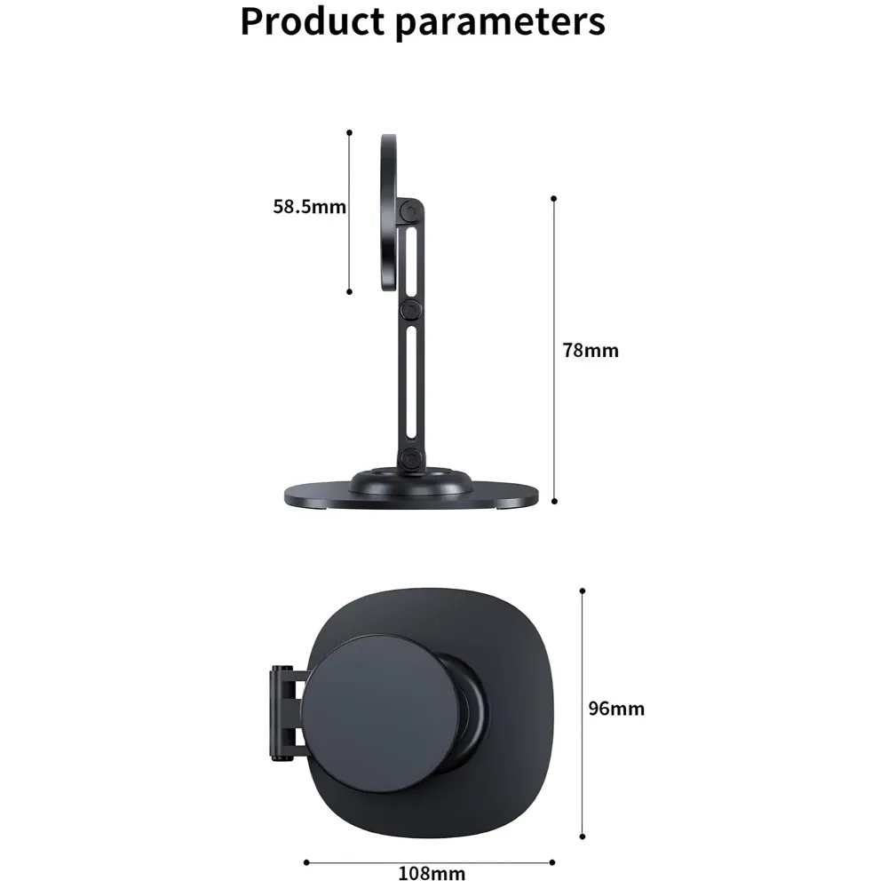 Magnetic Phone Stand Holder for Desk with Extra Magnet Rings, Sturdy and Stable, 360 Degree rotatable, Flexible 3 Angle Adjustments 10.8cm x 7.8cm x 9.6cm Metal Design, NOT A Charger