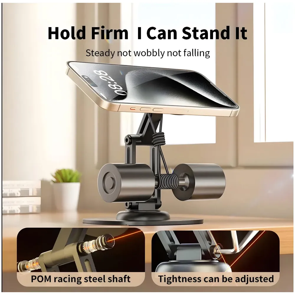Magnetic Phone Stand Holder for Desk with Extra Magnet Rings, Sturdy and Stable, 360 Degree rotatable, Flexible 3 Angle Adjustments 10.8cm x 7.8cm x 9.6cm Metal Design, NOT A Charger