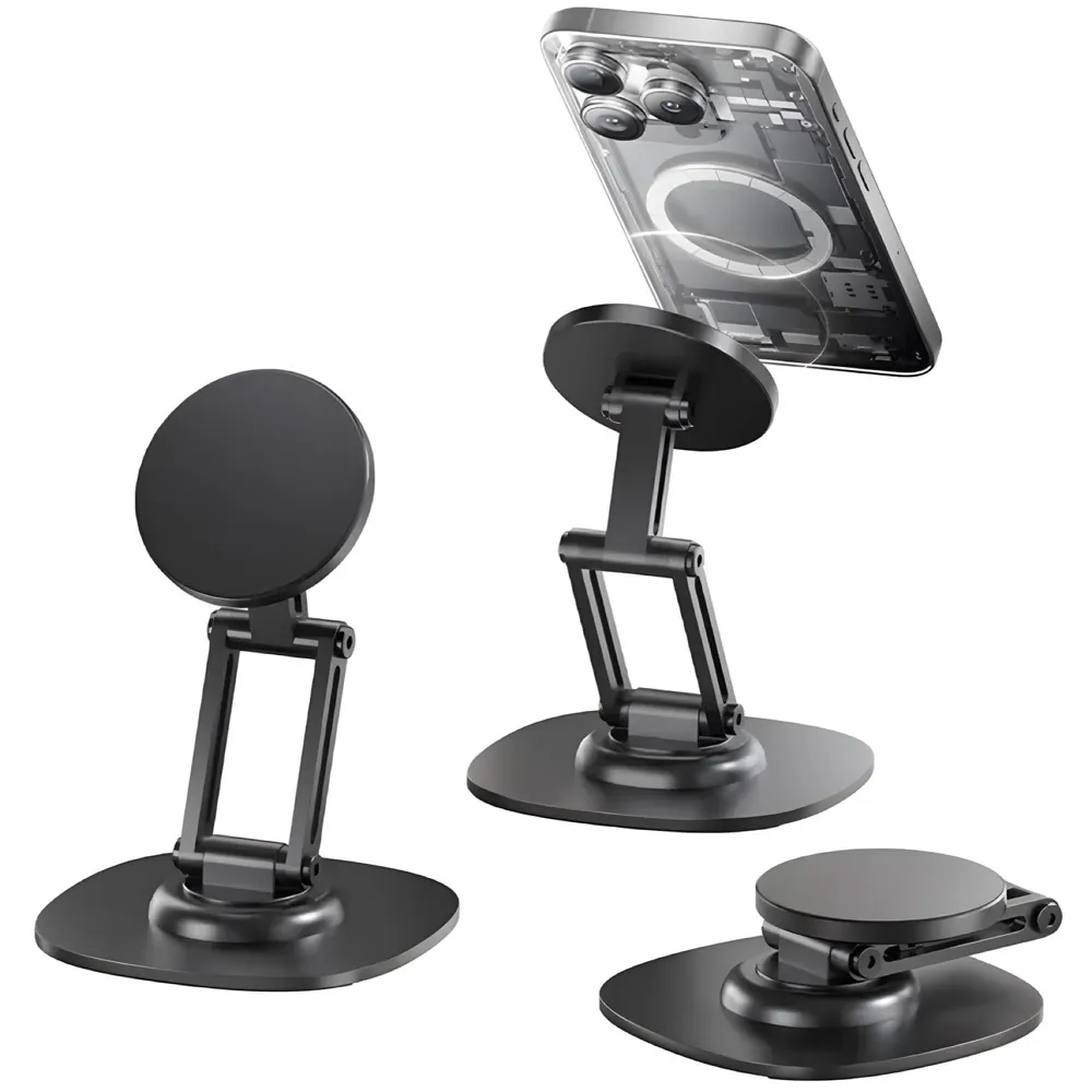 Magnetic Phone Stand Holder for Desk with Extra Magnet Rings, Sturdy and Stable, 360 Degree rotatable, Flexible 3 Angle Adjustments 10.8cm x 7.8cm x 9.6cm Metal Design, NOT A Charger