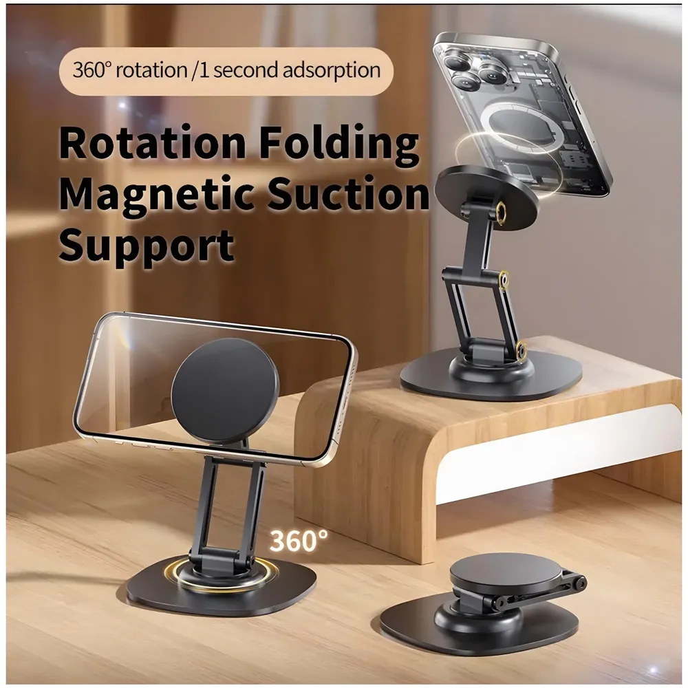 Magnetic Phone Stand Holder for Desk with Extra Magnet Rings, Sturdy and Stable, 360 Degree rotatable, Flexible 3 Angle Adjustments 10.8cm x 7.8cm x 9.6cm Metal Design, NOT A Charger