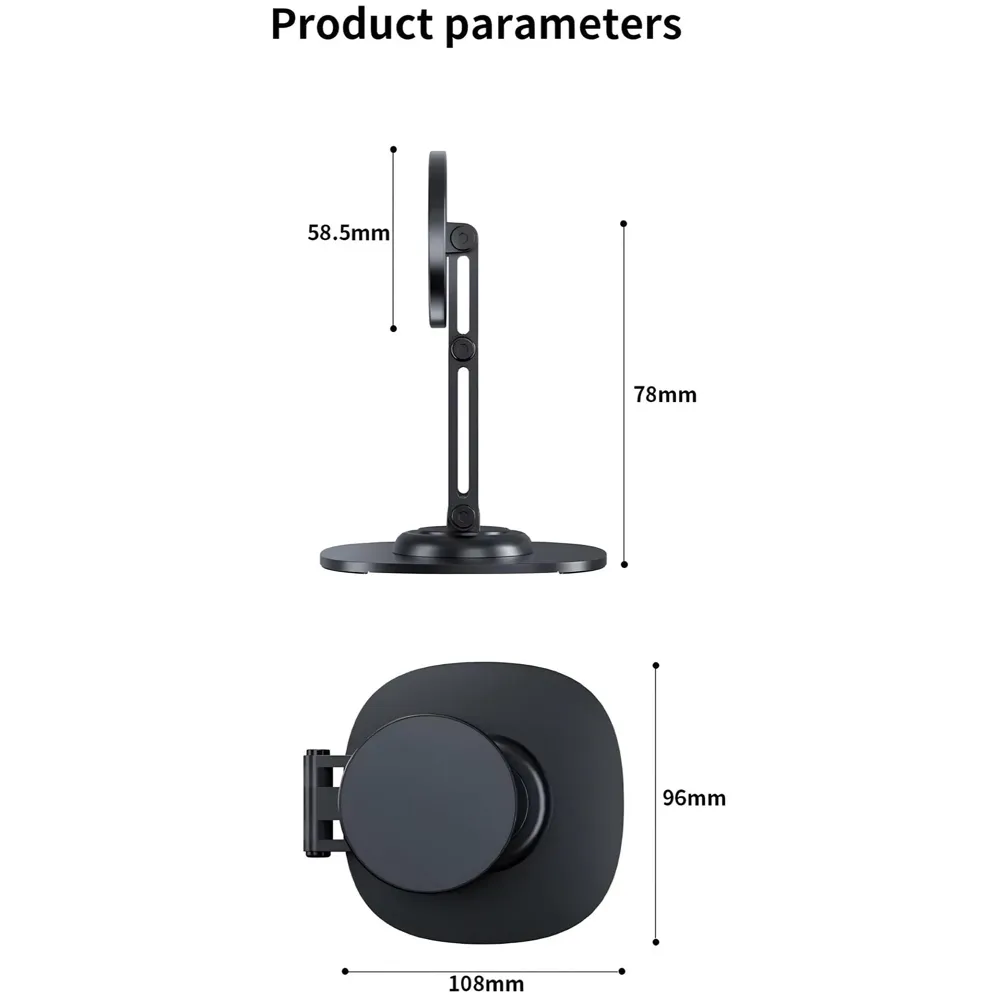 Magnetic Phone Stand Holder for Desk with Extra Magnet Rings, Sturdy and Stable, 360 Degree rotatable, Flexible 3 Angle Adjustments 10.8cm x 7.8cm x 9.6cm Metal Design, NOT A Charger