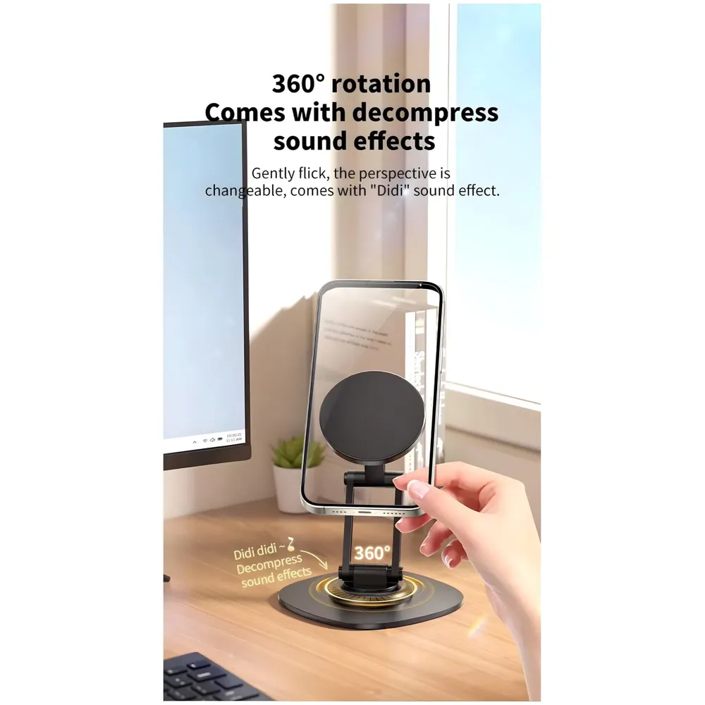 Magnetic Phone Stand Holder for Desk with Extra Magnet Rings, Sturdy and Stable, 360 Degree rotatable, Flexible 3 Angle Adjustments 10.8cm x 7.8cm x 9.6cm Metal Design, NOT A Charger